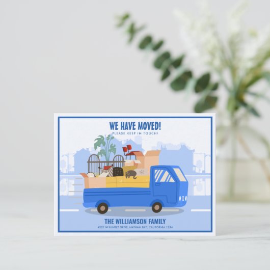 Wir haben den blauen LKW auf der Straße bewegt Ankündigungspostkarte (Stehend Vorderseite)