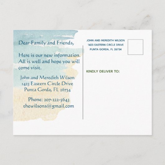 Wir haben den Wasserfarben-Strand-Umzug des Hausha Ankündigungspostkarte (Rückseite)