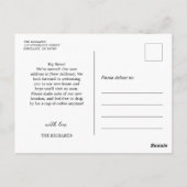 Wir haben die Ankündigung über das Verschieben neu Postkarte (Rückseite)