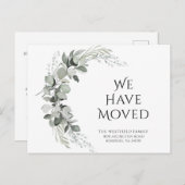 Wir haben die grüne Eukalyptus-neue Adresse übertr Ankündigungspostkarte (Vorne/Hinten)