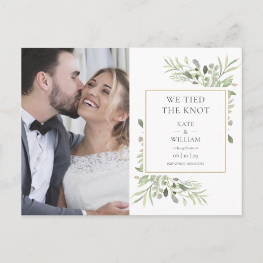 Wir haben die Hochzeit des Fotos "Knot Greenerity" Ankündigungspostkarte (Vorderseite)