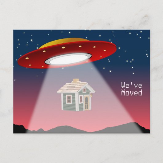 Wir haben die neue Adresse des Flying Saucer versc Ankündigungspostkarte (Vorderseite)