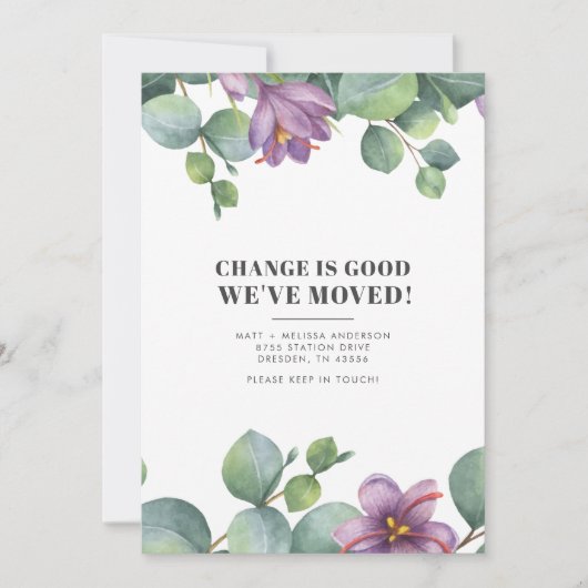 Wir haben die neue Adresse Eukalyptus Greenery Mov Ankündigung (Vorderseite)