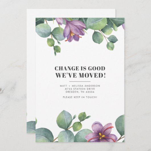 Wir haben die neue Adresse Eukalyptus Greenery Mov Ankündigung (Vorne/Hinten)