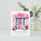 Wir haben die neue Adresse in rosa Aquarelltür ver Ankündigungspostkarte (Stehend Vorderseite)