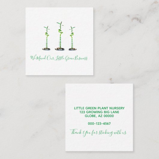 Wir haben die neue Geschäftsadresse Lucky Bamboo v Quadratische Visitenkarte (Vorne/Hinten)