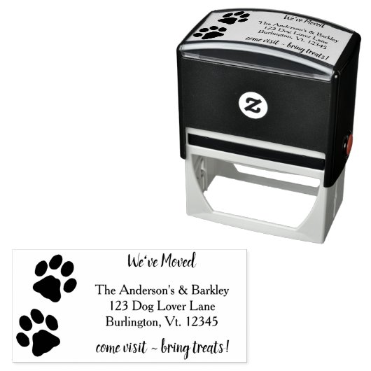 Wir haben die Rücksendeadresse "Paw Print Moving"  Permastempel (Beispiel)