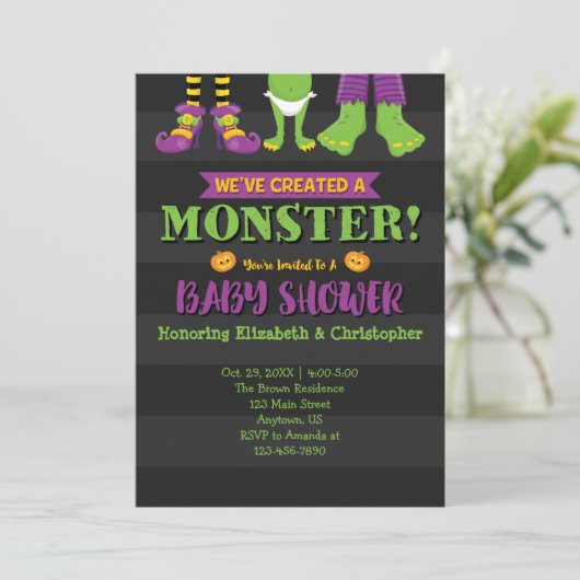 Wir haben ein Monster erschaffen! Halloween-Kinder Einladung (Stehend Vorderseite)