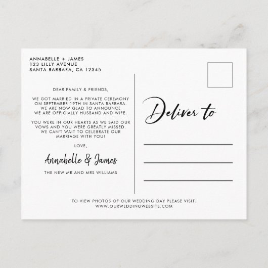 Wir haben eine elegante Hochzeit in der Fotogaleri Ankündigungspostkarte (Rückseite)