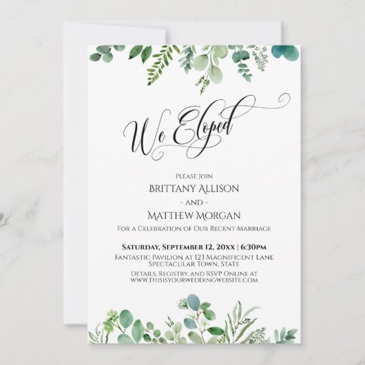 Wir haben Elegante Typografie Eukalyptus Greenerie Einladung (Vorderseite)