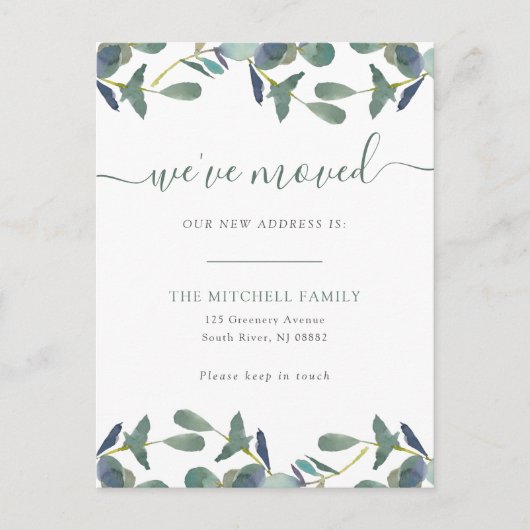 Wir haben Eukalyptus-Wappen verschoben | Ankündigu Einladungspostkarte (Vorderseite)