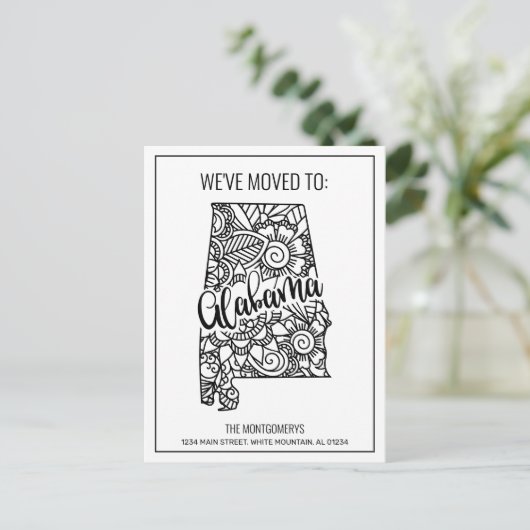 Wir haben Floral Mandala Alabama Staat Neue Zuhaus Ankündigungspostkarte (Stehend Vorderseite)