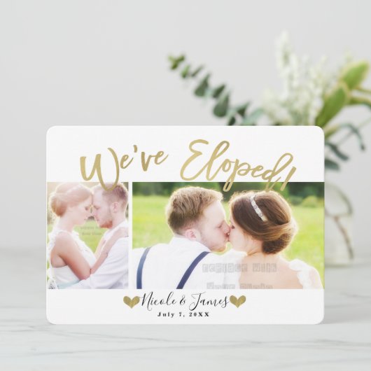 Wir haben Gold Moderne Foto Hochzeit Verlobung Einladung (Stehend Vorderseite)