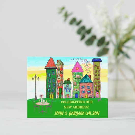 Wir haben Haushalts-Stadthäuser umgezogen und eine Ankündigungspostkarte (Stehend Vorderseite)