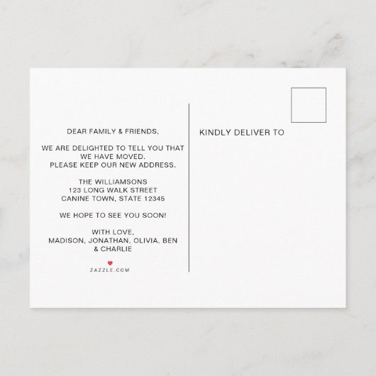 Wir haben Hunde bewegt Ankündigungspostkarte (Rückseite)