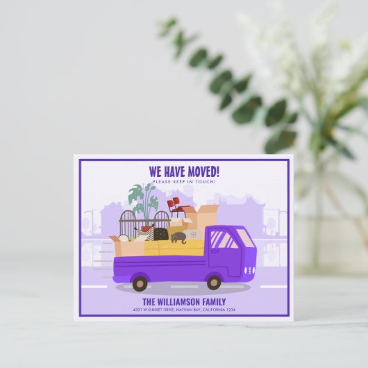 Wir haben Lila LKW auf der Straße bewegt Ankündigungspostkarte (Stehend Vorderseite)