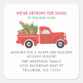 Wir haben neue Adresse Red Truck Weihnachtsfahrt v Quadratischer Aufkleber (Vorderseite)