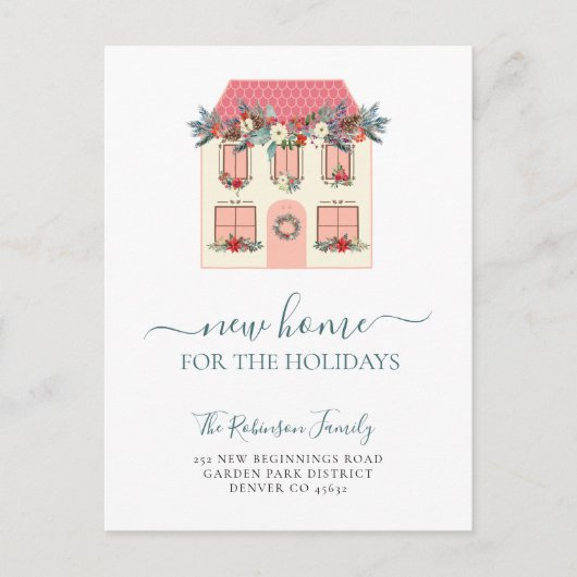 Wir haben neue Weihnachten auf Zuhause verschoben Ankündigungspostkarte (Vorderseite)