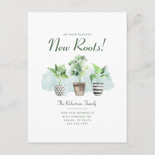 Wir haben neue Wurzeln in die neue Adressbewegung Ankündigungspostkarte (Vorderseite)