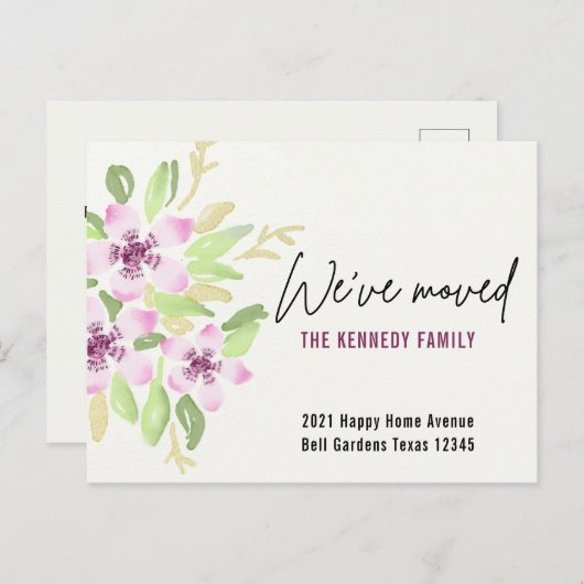 Wir haben neue Zuhause-Rosa-Aquarellblume-Bewegung Ankündigungspostkarte (Vorne/Hinten)