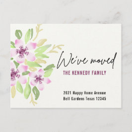 Wir haben neue Zuhause-Rosa-Aquarellblume-Bewegung Ankündigungspostkarte