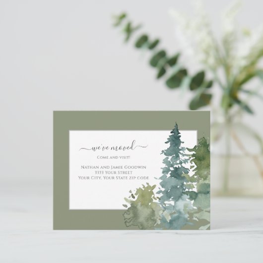 Wir haben neue Zuhause Script Pine Tree Green vers Postkarte (Stehend Vorderseite)