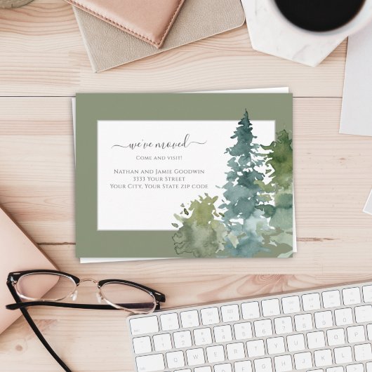 Wir haben neue Zuhause Script Pine Tree Green vers Postkarte
