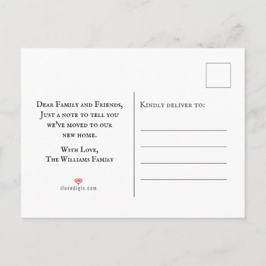 Wir haben Typografie eine neue Adresse übertragen Ankündigungspostkarte (Rückseite)