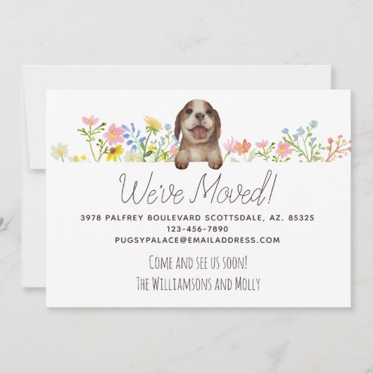 Wir haben uns bewegt! Beagle Welpenfloral Ankündigung (Vorderseite)