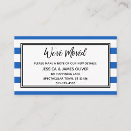 "Wir haben uns bewegt" Blaue und weiße horizontale Visitenkarte