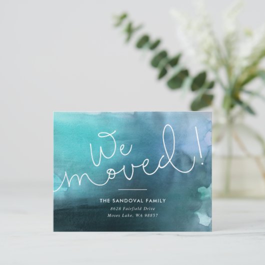 Wir haben uns bewegt! Blue Hand-Buchstaben neue Ad Ankündigungspostkarte (Stehend Vorderseite)