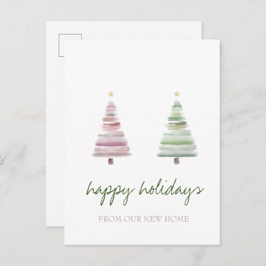 Wir haben uns bewegt, Pink Green Pine Tree Urlaub Ankündigungspostkarte (Vorne/Hinten)