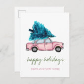 Wir haben uns bewegt, rosa Auto, Pine Tree Urlaub Ankündigungspostkarte (Vorne/Hinten)
