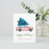 Wir haben uns bewegt, rosa Auto, Pine Tree Urlaub Ankündigungspostkarte (Stehend Vorderseite)