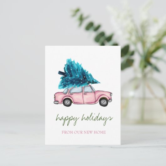 Wir haben uns bewegt, rosa Auto, Pine Tree Urlaub Ankündigungspostkarte (Stehend Vorderseite)