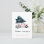 Wir haben uns bewegt, rosa Auto, Weihnachtsbaum Ankündigungspostkarte (Stehend Vorderseite)