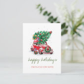 Wir haben uns bewegt, rotes Auto, Pine Tree Urlaub Ankündigungspostkarte (Stehend Vorderseite)