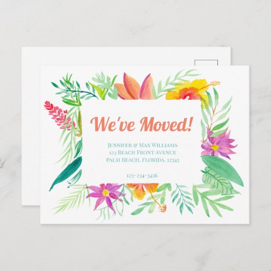 Wir haben uns bewegt! Tropische Blumenrahmen Ankündigungspostkarte (Vorne/Hinten)