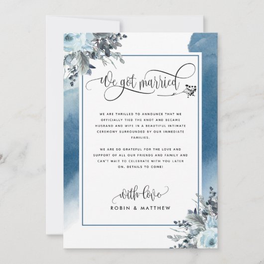 Wir haben Verheiratete Hochzeitserklärung in Blue Einladung (Vorderseite)