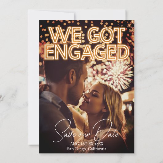 Wir haben Verlobtes Neon Lights Foto Got Save The Date (Vorderseite)