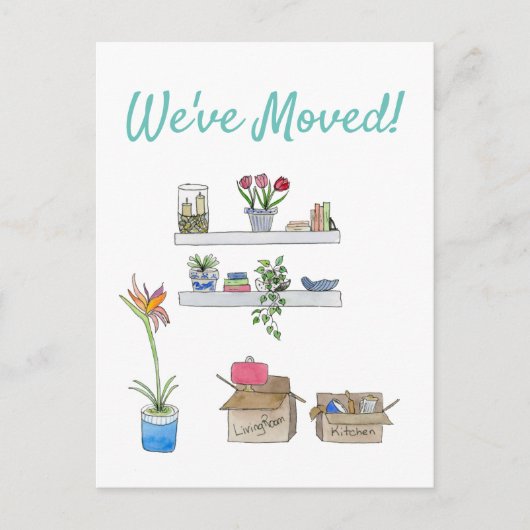 Wir haben Wasserfarbenbewegungsboxen und Wohnzimme Ankündigungspostkarte (Vorderseite)