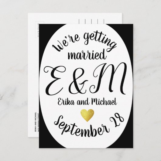 Wir heiraten . Moderne Hochzeit vertikal Ankündigungspostkarte (Vorne/Hinten)