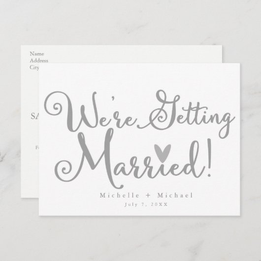 WIR HEIRATEN Save the Date Weiß & Grau Ankündigungspostkarte (Vorne/Hinten)
