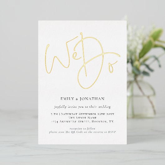 Wir heiraten Skript QR Code Echtgoldfolie Hochzeit Folieneinladung (Stehend vorne)