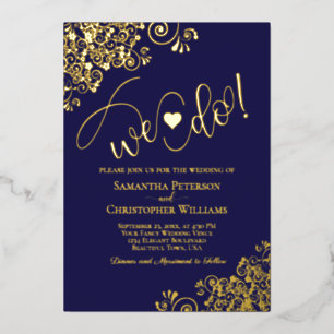 Wir heiraten! Süße moderne Hochzeit in Marineblau Folieneinladung