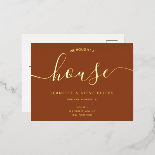 Wir kauften ein Haus Terracotta einfache Skript be Folie Einladungspostkarte (Vorderseite/Rückseite)