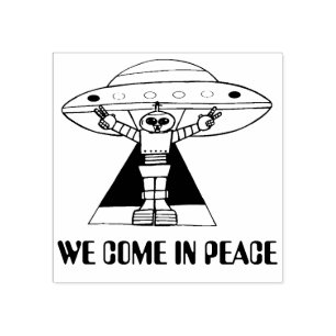 Wir kommen in Peace Roboter und fliegen Untertasse Gummistempel