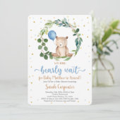 Wir können Baby Shower Boy frühzeitig abwarten Einladung (Stehend Vorderseite)