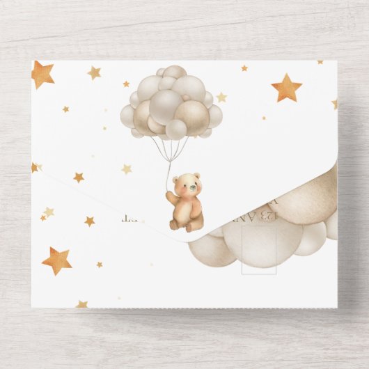 Wir können Babyduschballons frühzeitig abwarten All In One Einladung (Rückseite)