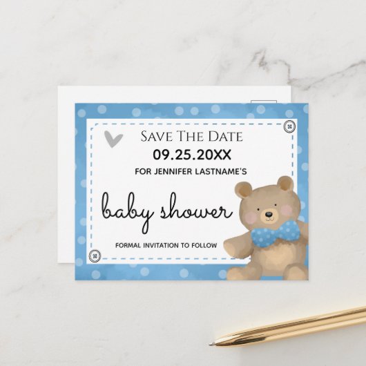 Wir können Babydusche Save the Date warten Postkarte (Vorderseite/Rückseite Beispiel)